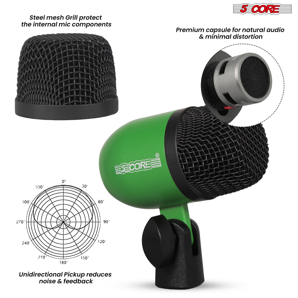 5 Core Drum Microphone Kit 7Pc All Metal Drummer Mics Tom/Snare & Cymbals Wired Instrument Drums Set