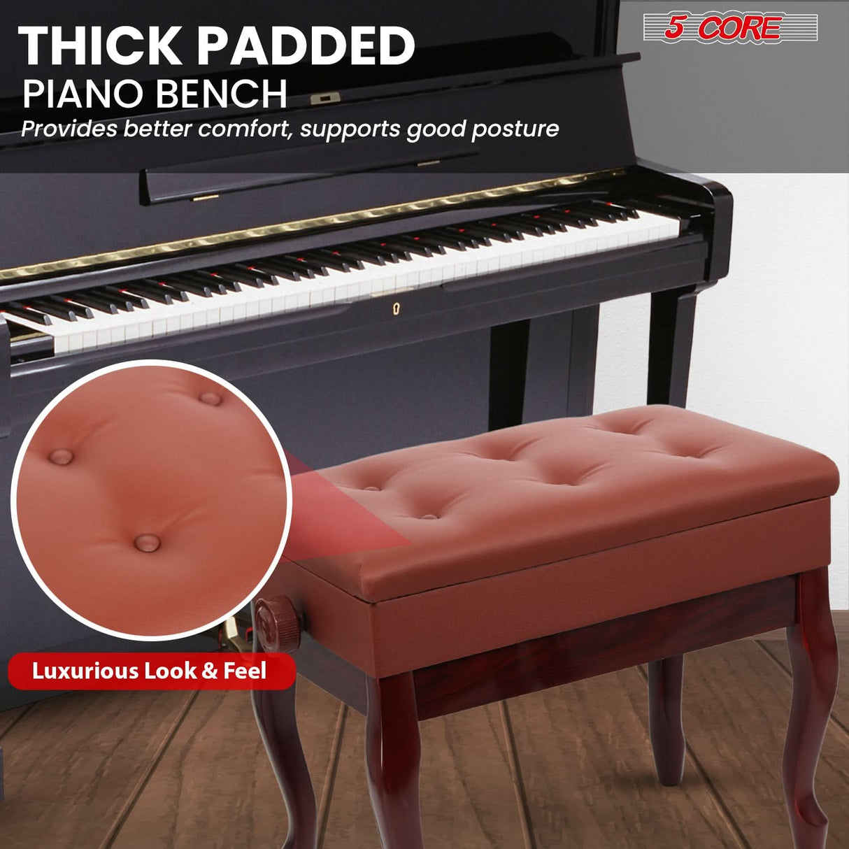 5 Core Piano Bench 3" Padded Cushioned Stool Wooden Heavy Duty Adjustable Musician Chair w Storage