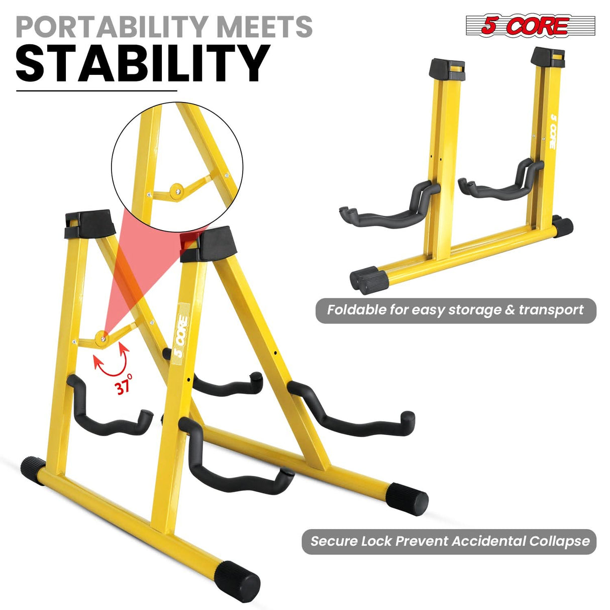 5 Core Double Guitar Stand A Frame Shape w Foam Arms Supports Acoustic Electric Bass Ukulele Banjo