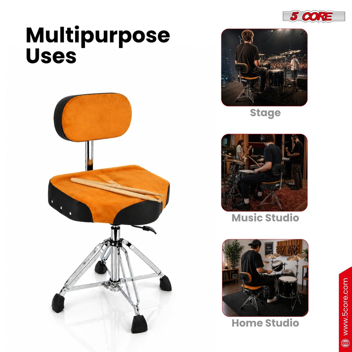5 Core Drum Throne w Backrest 4" Padded Stool Airlift Adjustable Drummer Chair