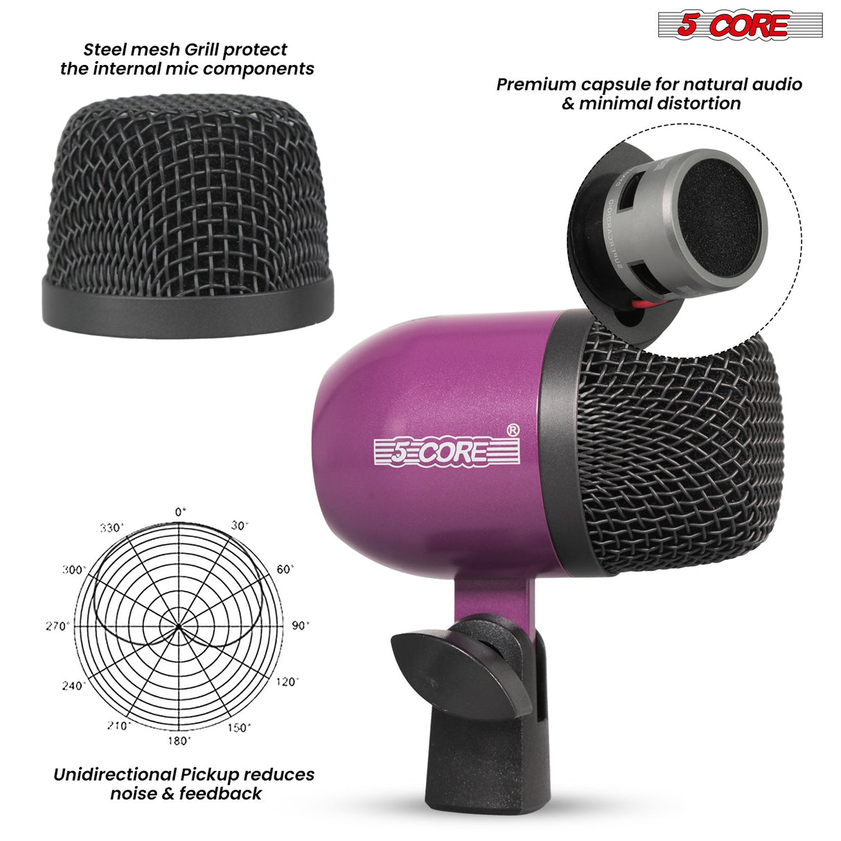 5 Core Drum Microphone Kit 7Pc All Metal Drummer Mics Tom/Snare & Cymbals Wired Instrument Drums Set