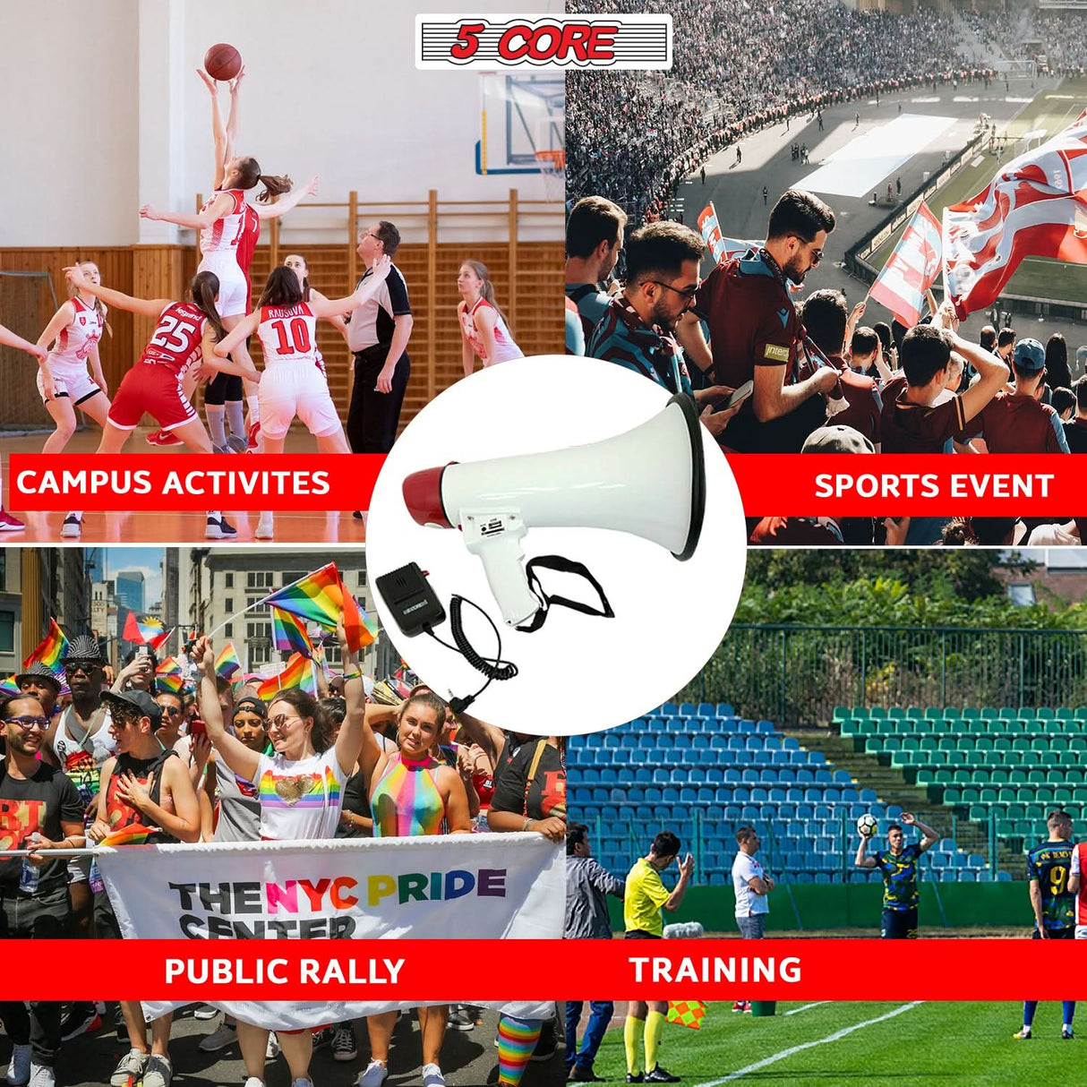 5 Core Megaphone 50W Bull Horn PA Speaker w 300M Range Loud Siren Voice Amplifier Portable