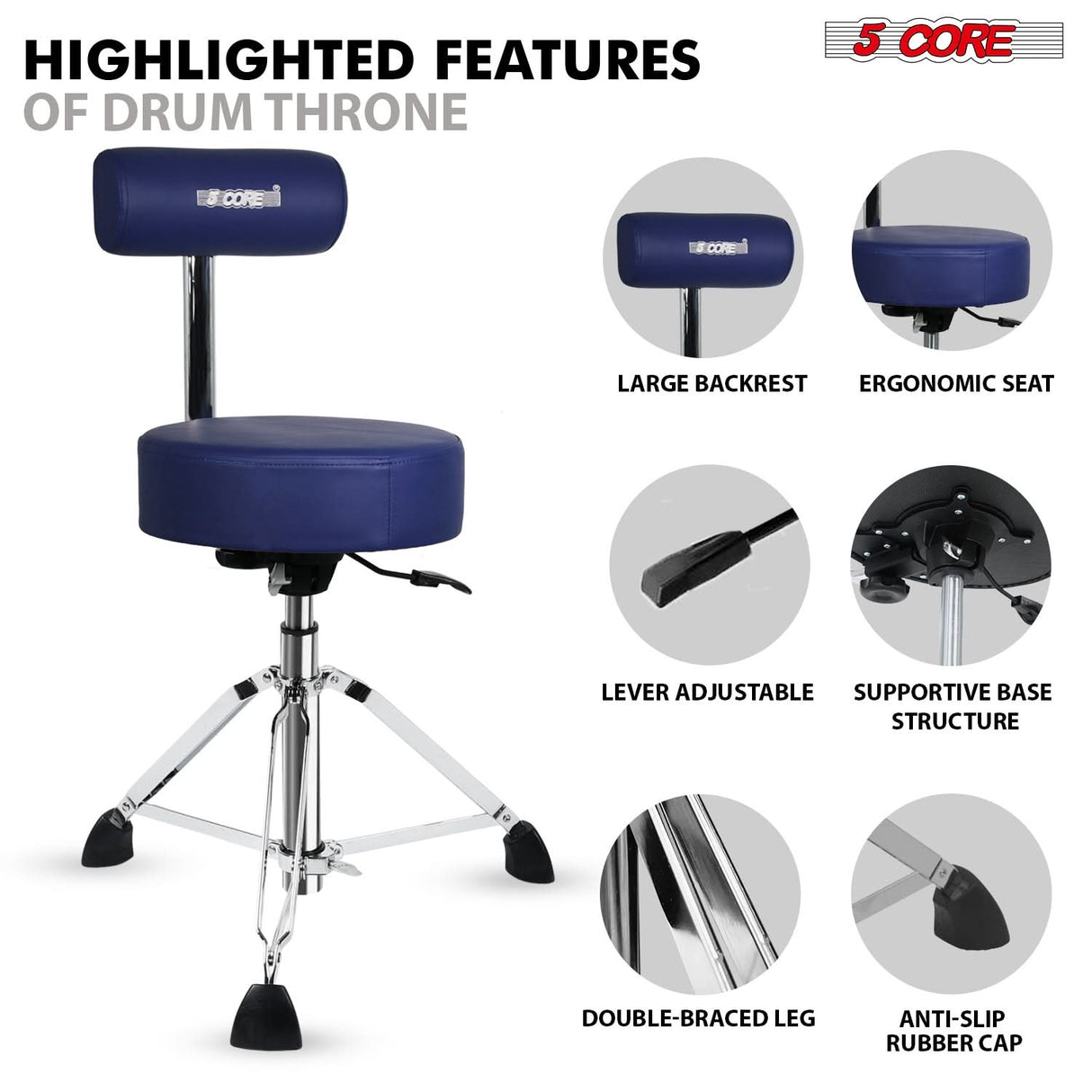 5 Core Drum Throne w Backrest 4" Padded Stool Airlift Adjustable Drummer Chair