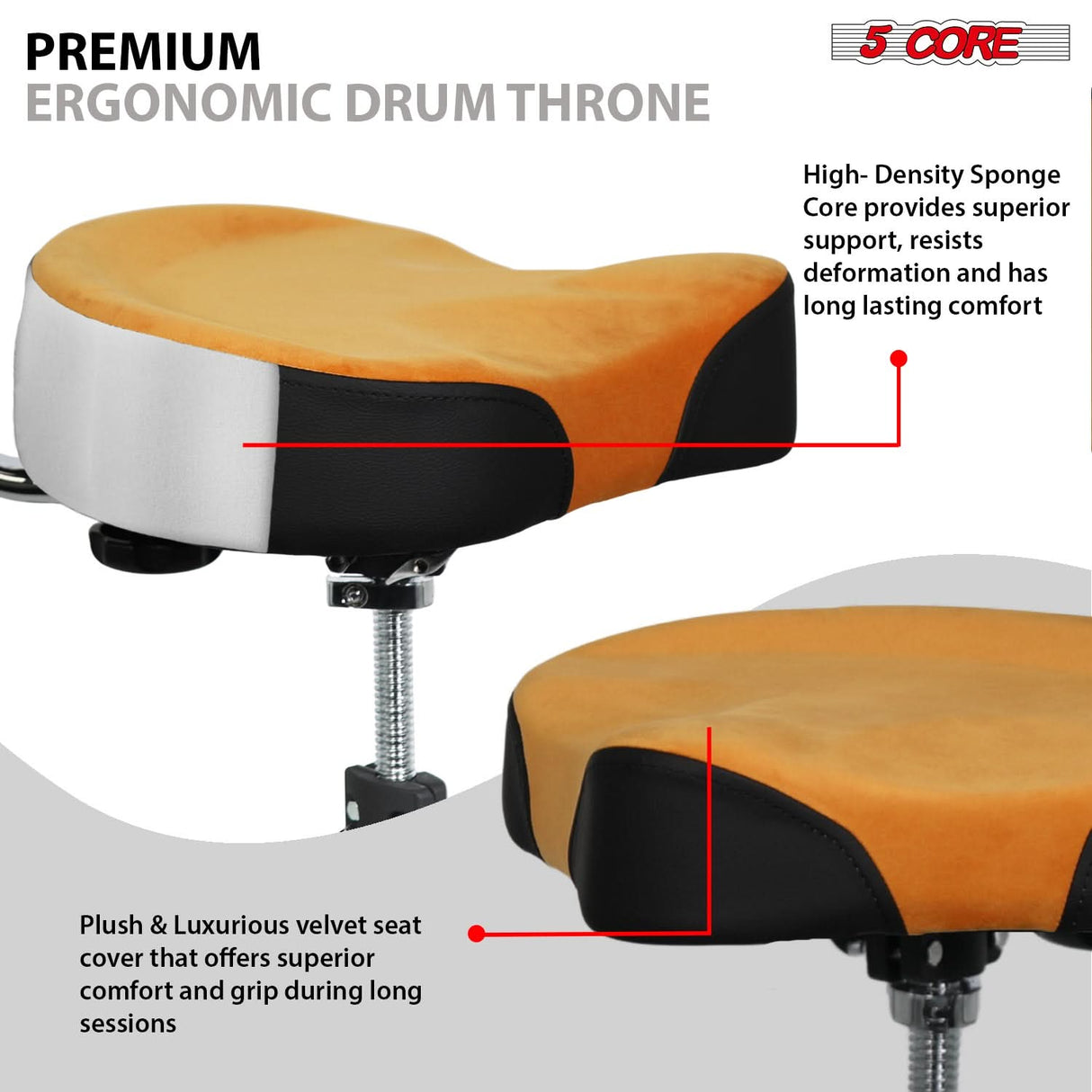 5 Core Drum Throne w Backrest 4" Padded Adjustable 26.5" Drummer Stool w Velvet Top 441Lb Capacity