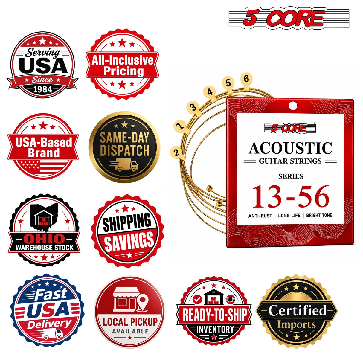 5 Core Acoustic Guitar 6 String Set Medium Gauge Steel Carbon Core Bright Powerful Tone Heavy Duty
