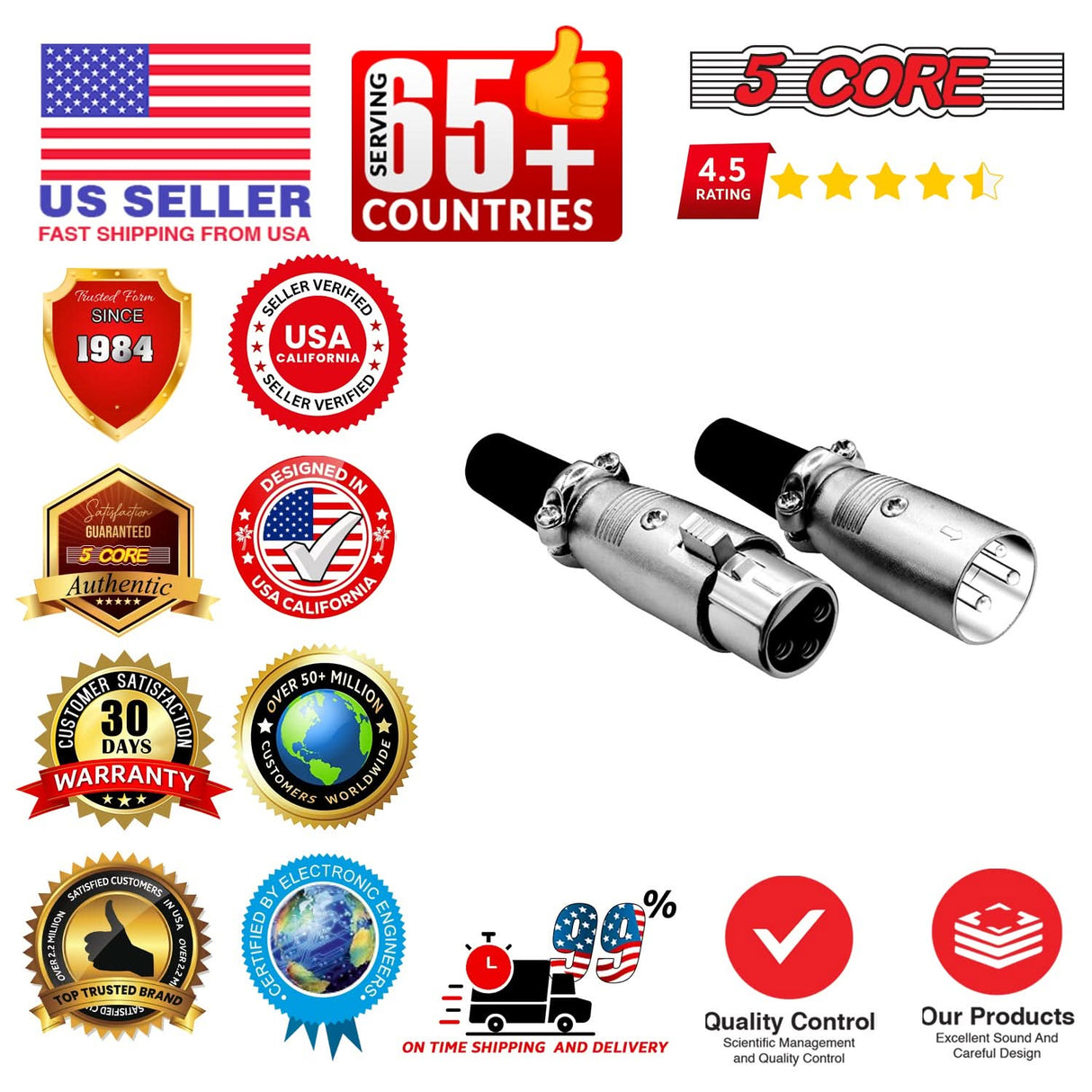 5Core XLR Connector Male Female to 1/4 Audio Jack 3 Pin Secure Mic Plug w Locking Ends 10 PAIR