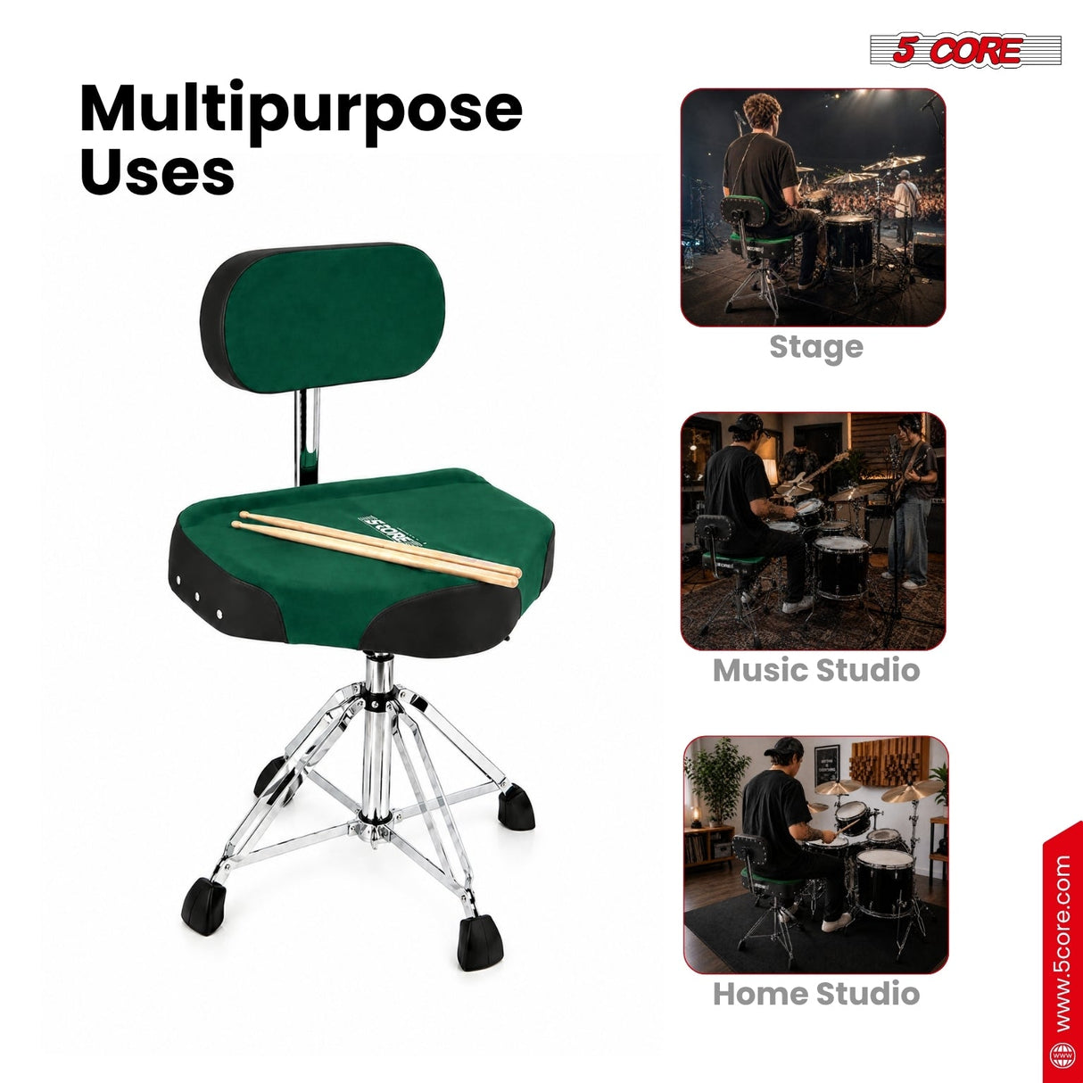 5 Core Drum Throne w Backrest 4" Padded Stool Airlift Adjustable Drummer Chair
