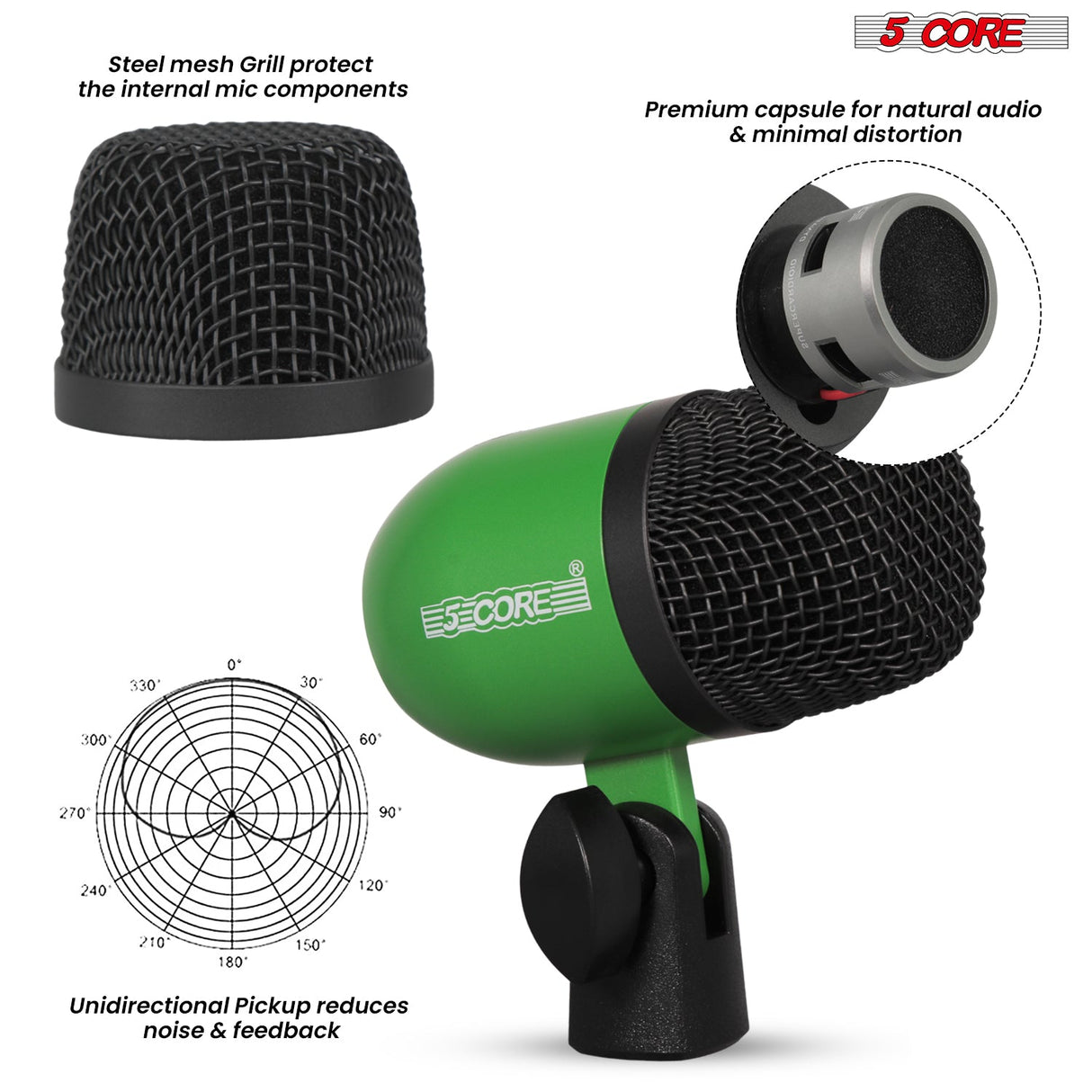 5 Core Drum Microphone Kit 9Pc All Metal Drummer Mics Tom/Snare & Cymbals Wired Instrument Drums Set