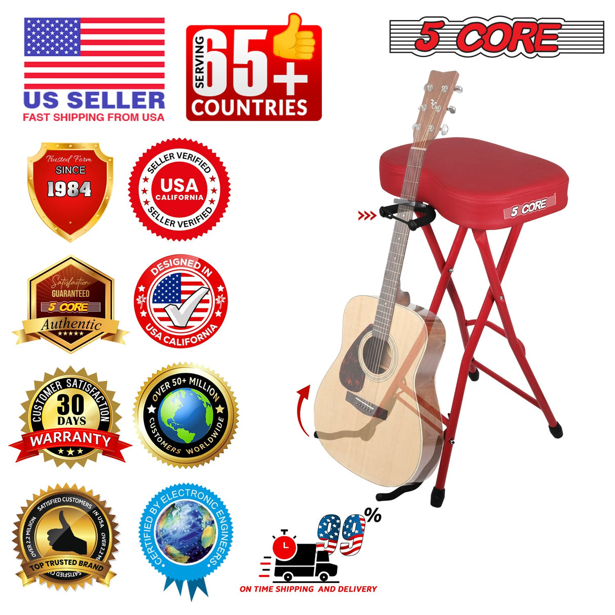 5 Core Guitar Stool 3.15" Padded Chair Foldable Music Seat w Built in Foot Rest Guitar Stand