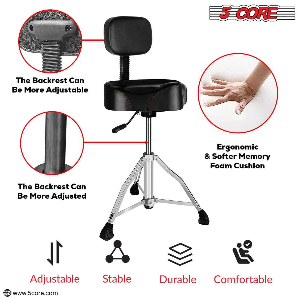 5 Core Drum Throne 4" Padded Seat w Backrest Airlift Adjustable Chair Ergonomic Drummer Stool