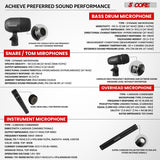 5 Core Drum Microphone Kit 9Pc All Metal Drummer Mics Tom/Snare & Cymbals Wired Instrument Drums Set