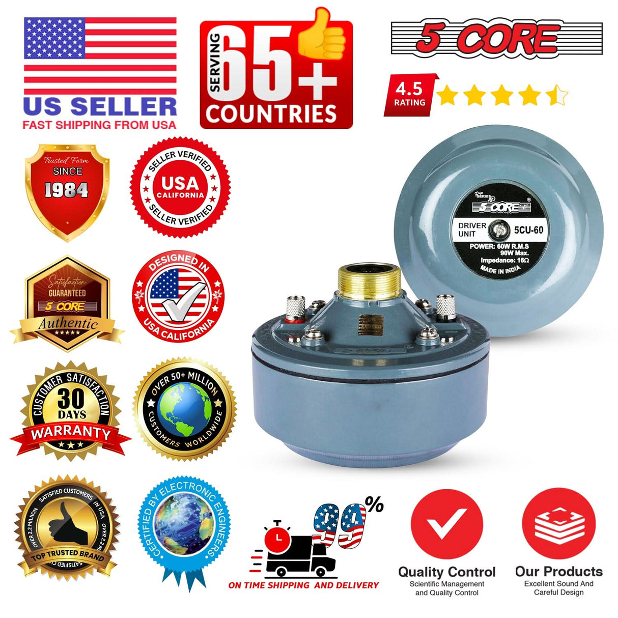 5 Core Compression Driver 2" Horn Tweeter 600W Titanium Diaphragm 16 Ohms 18 TPI All Weather Use