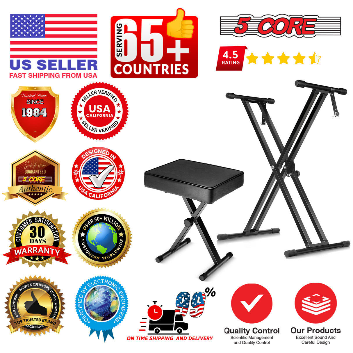 5 Core Keyboard Stand Piano Bench Combo Adjustable Key Board Stands 3" Padded Musician Chair Set