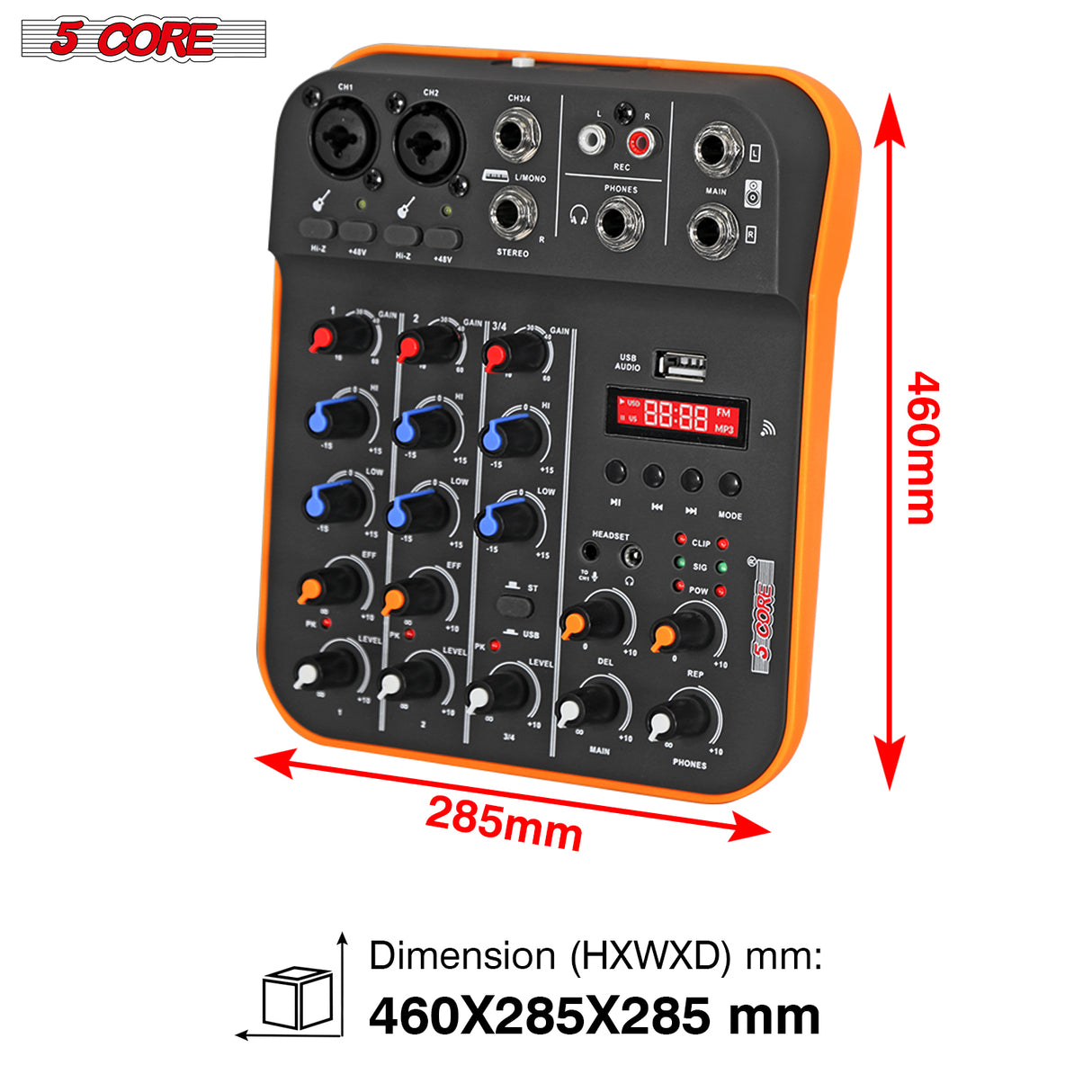 5Core Audio Mixer 4 Channel DJ Soundboard USB Interface Bluetooth Mixing Console w Repeat Delay +48V