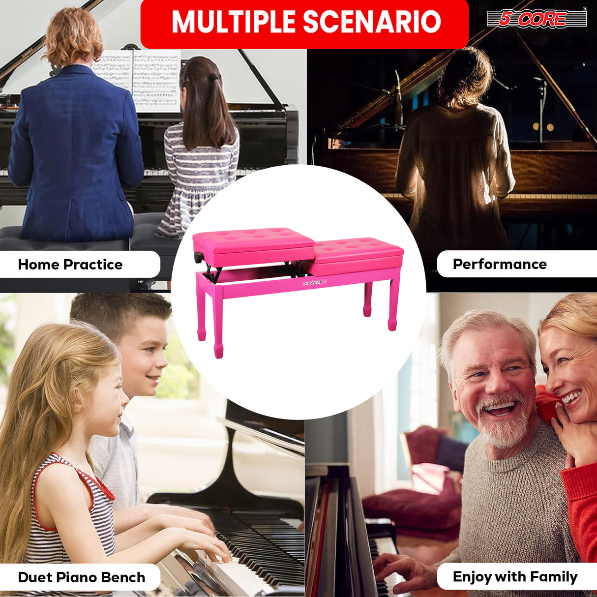 5 Core Duet Piano Bench 3.5 Inch Padded Cushioned Stool Wooden Heavy Duty Musician Chair w Storage