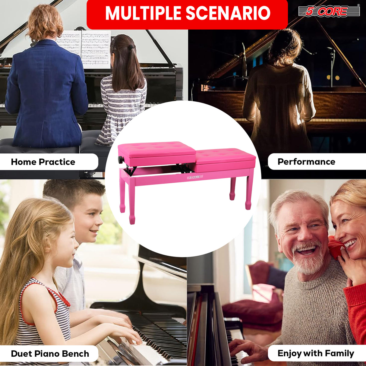 5 Core Duet Piano Bench 3.5 Inch Padded Cushioned Stool Wooden Heavy Duty Musician Chair w Storage
