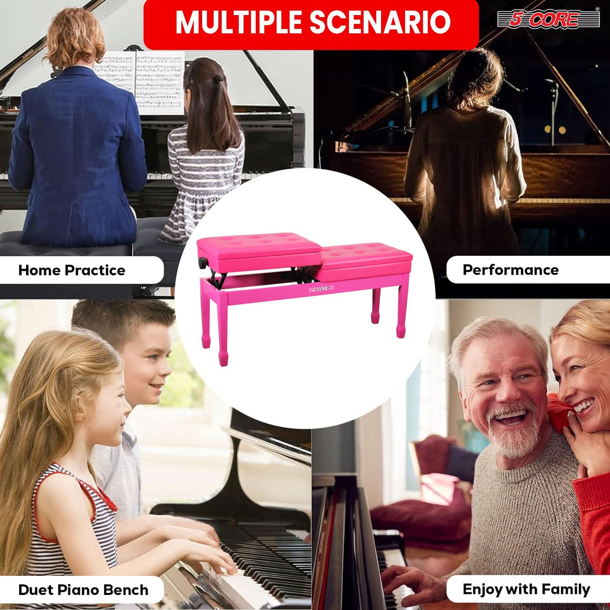 5 Core Duet Piano Bench 3.5 Inch Padded Cushioned Stool Wooden Heavy Duty Musician Chair w Storage