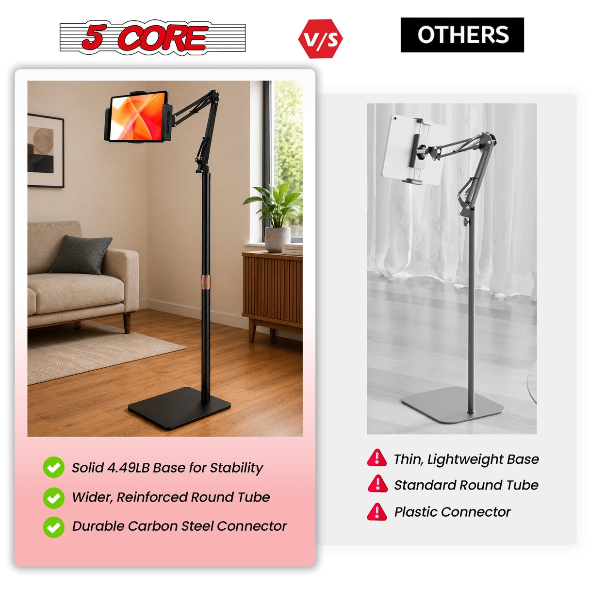 5 Core Tablet Floor Stand 360° Rotatable Adjustable Overhead Universal Bed Phone iPad Stand