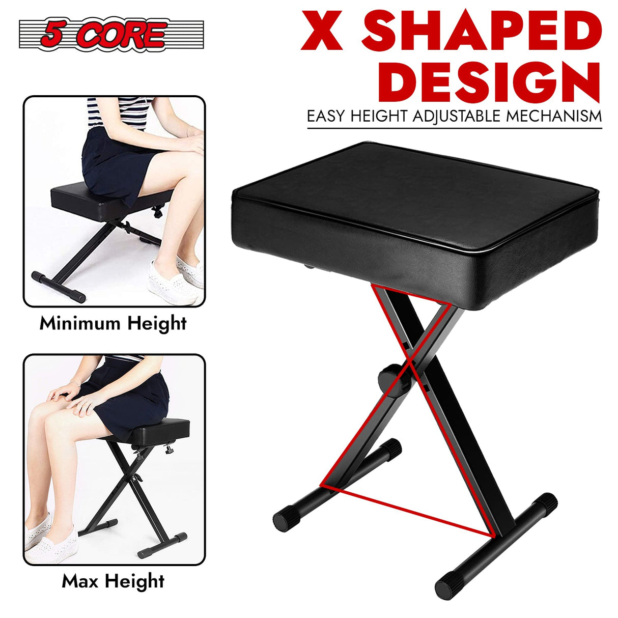 5 Core Keyboard Bench X Style Piano Stool Heavy Duty Adjustable Keyboards Chair Black