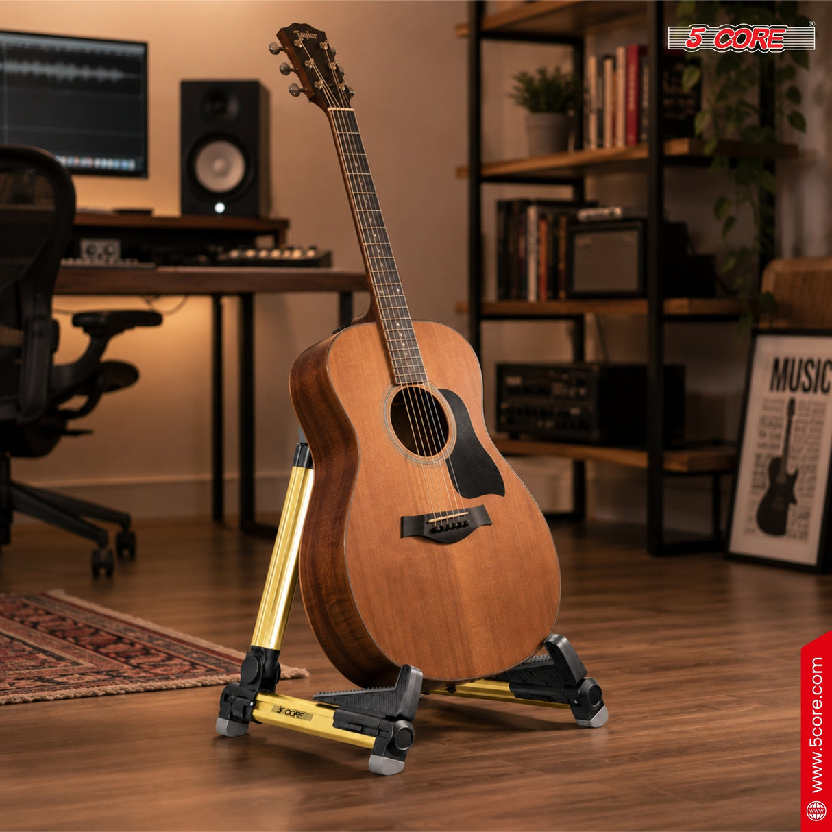 5 Core Guitar Stand Adjustable A Frame Shape w Rubber Pad Arms Supports Acoustic Electric Bass Gold