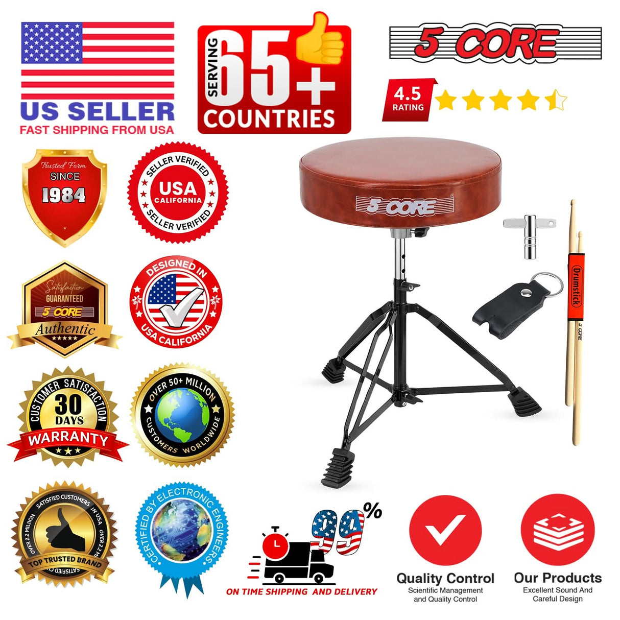 5 Core Drum Throne 3" Padded Drum Seat Height Adjustable Drumming Chair for Practice and Performance