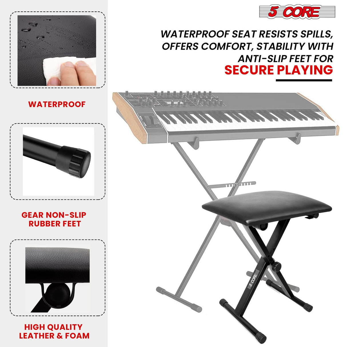 5 Core Keyboard Stand Piano Bench Combo Adjustable Key Board Stands 2" Padded Musician Chair Set