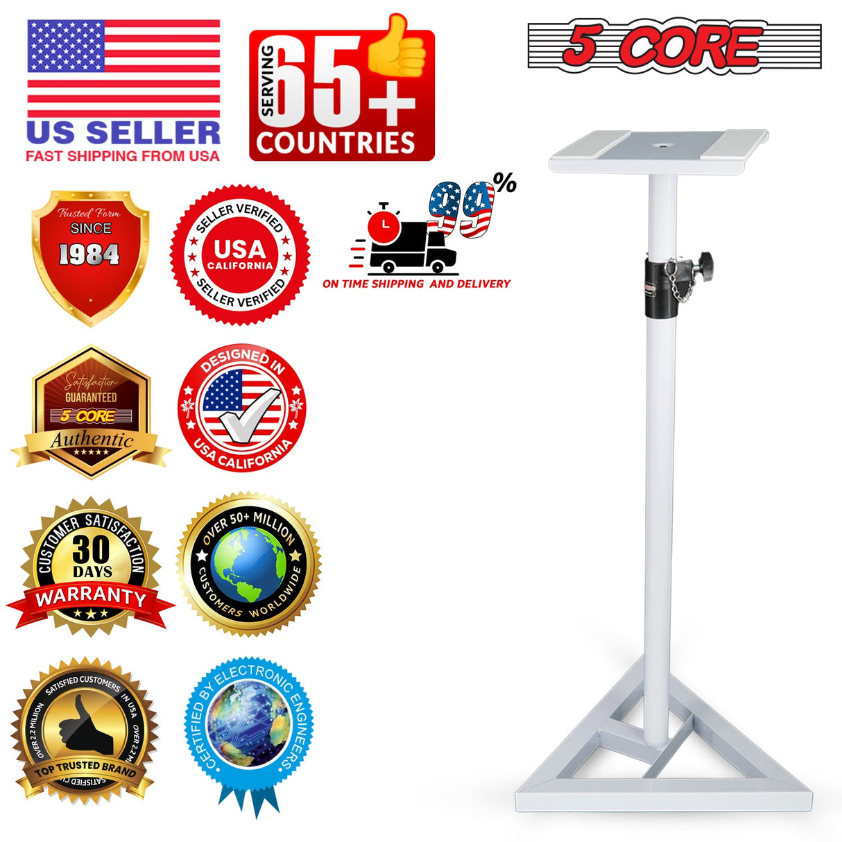 5 Core Speaker Stand Heavy Duty Adjustable Telescoping Height Triangle Base 100Lb Capacity