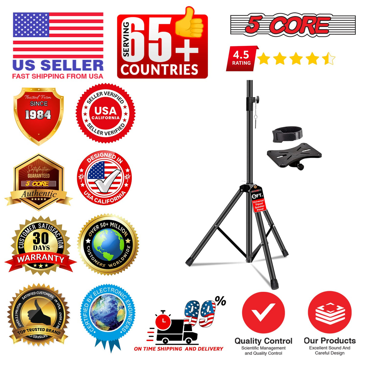 5 Core Speaker Stand Pair Height Adjustable PA DJ Tripod Studio Monitor Stands w 35mm Insert