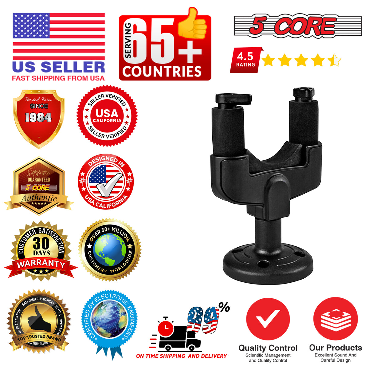 5Core Guitar Wall Mount Hanger Hook Metal Base Soft Padding Adjustable Rotatable Holder