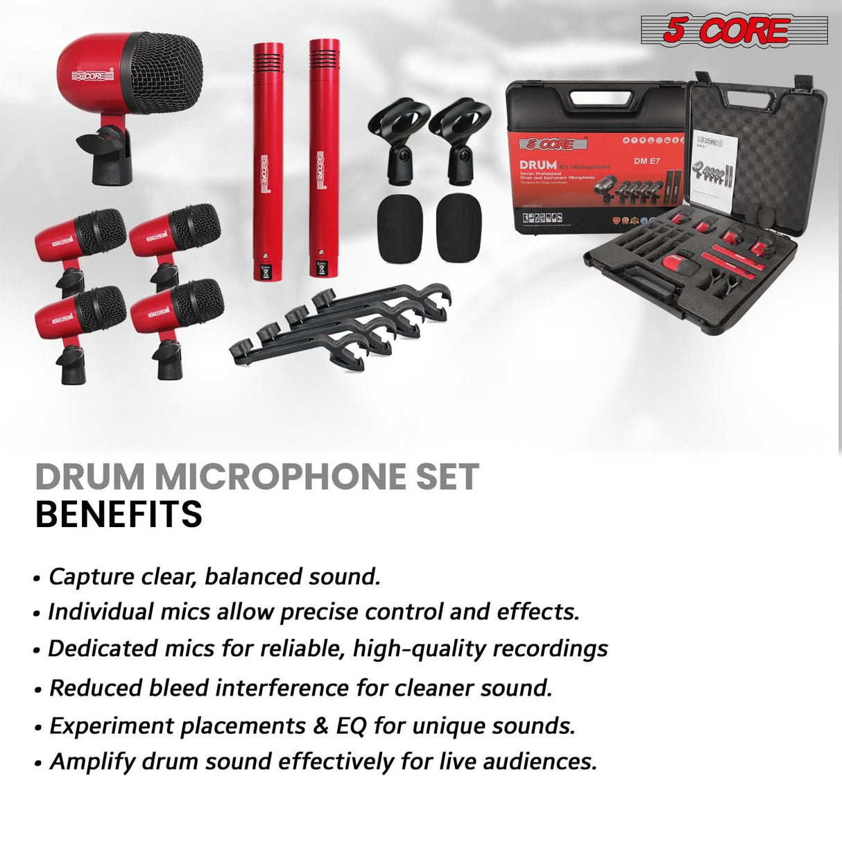 5 Core Drum Microphone Kit 7 Piece All Metal Drummer Instrument Mics Tom/Snare & Cymbals Set