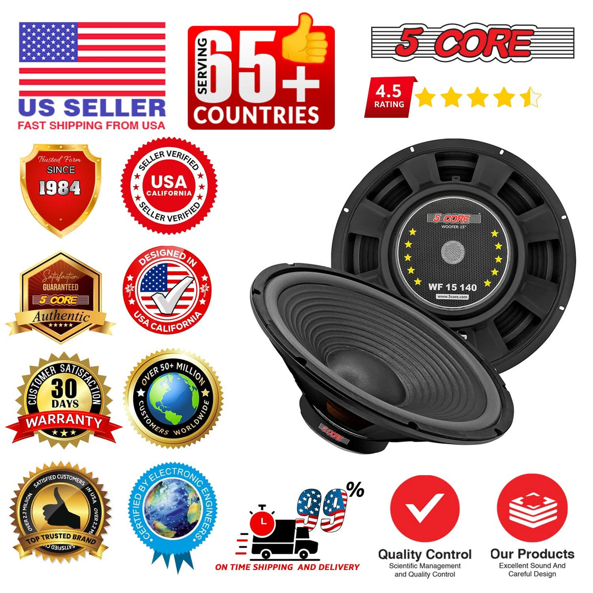 5 Core 15 Inch Subwoofer 450 Watt Car Audio Sub Woofer Pair 4 Ohm w Deep Bass Replacement Loud Speaker