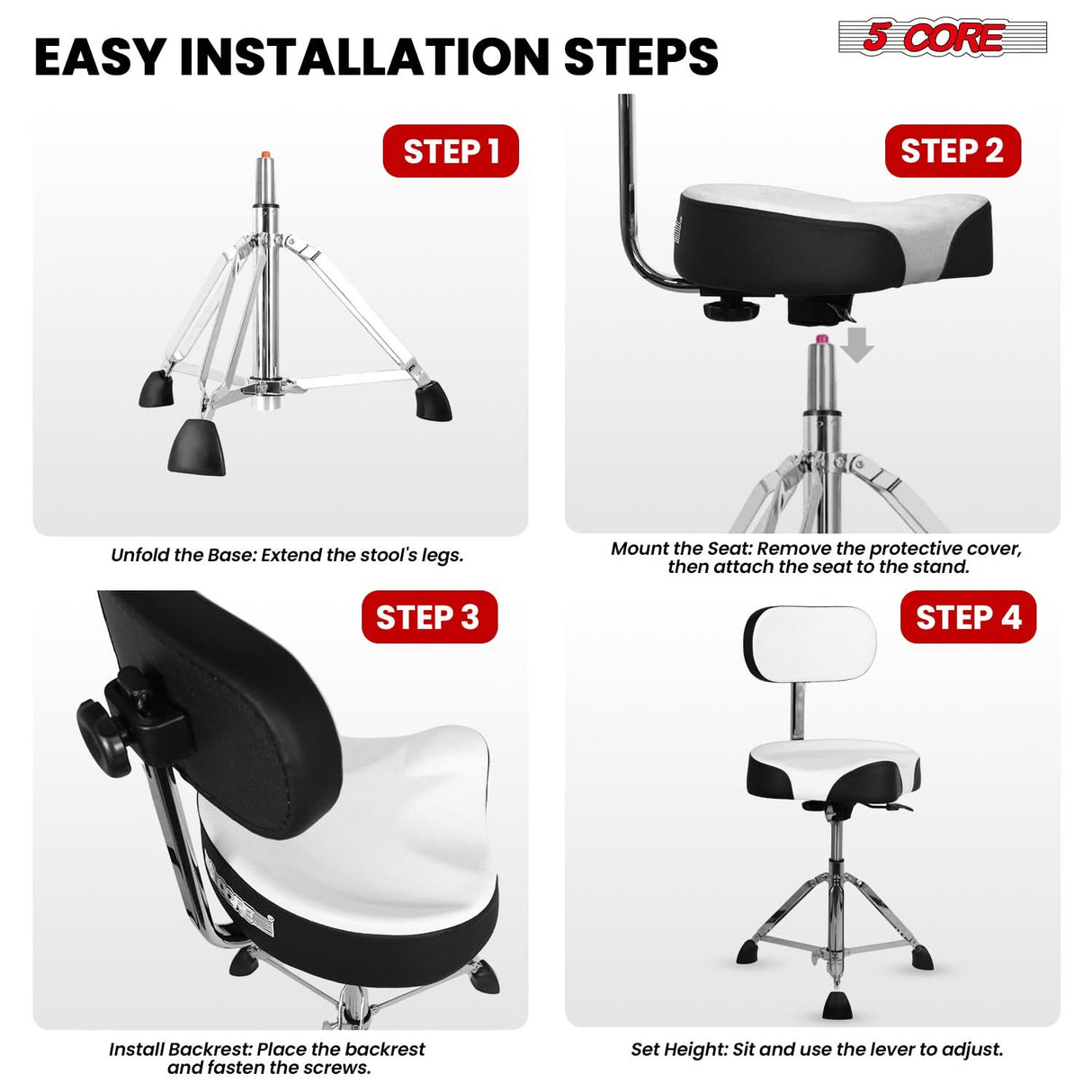 5 Core Drum Throne w Backrest 4" Padded Stool Airlift 25" Adjustable Drummer Stool 441Lb Capacity