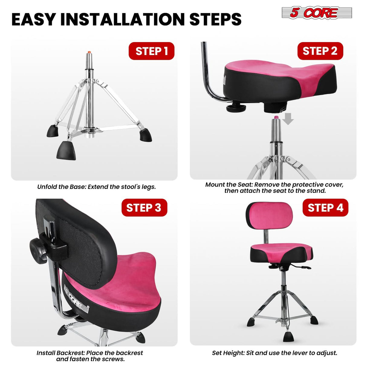 5 Core Drum Throne w Backrest 4" Padded Stool Airlift 25" Adjustable Drummer Stool 441Lb Capacity