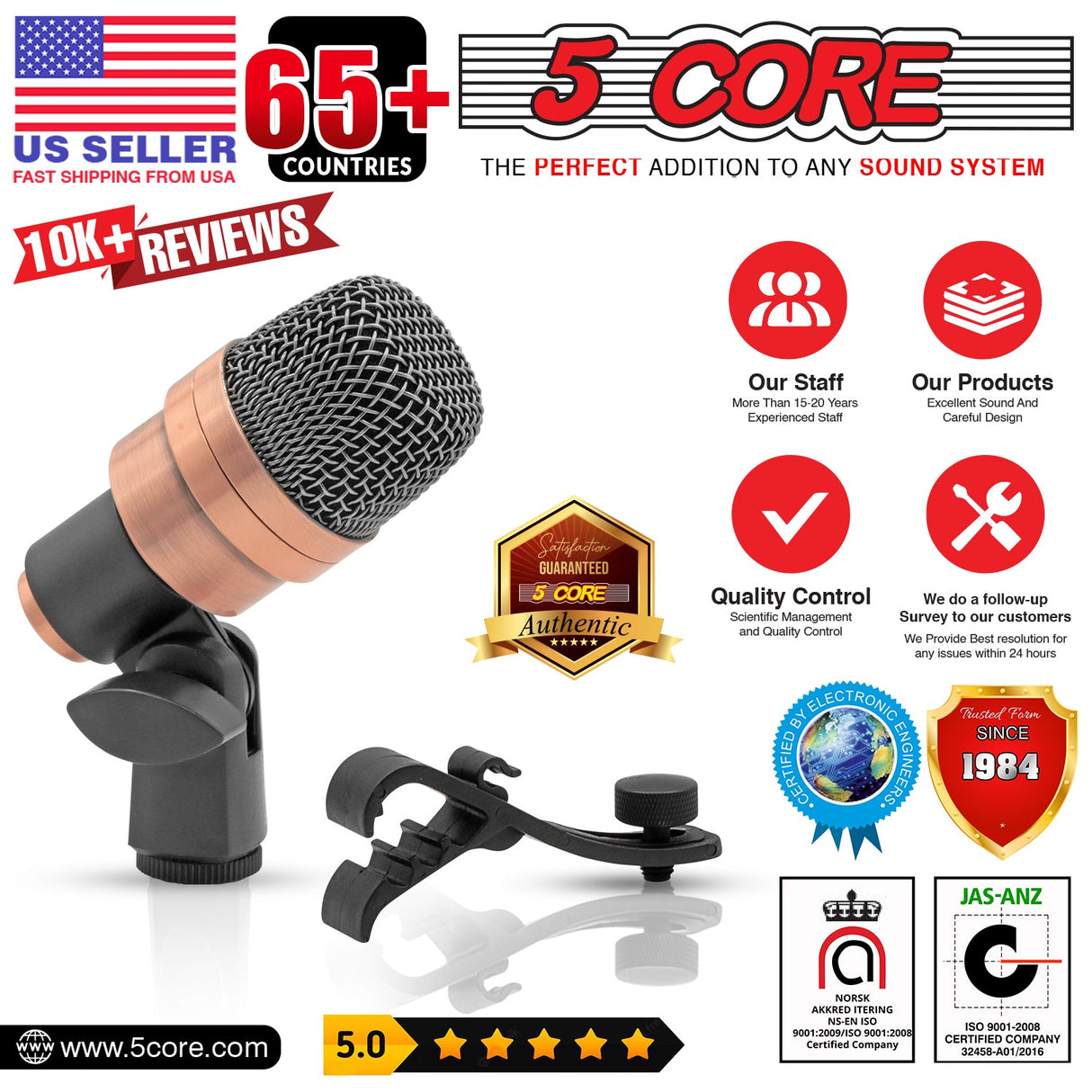 5 Core Snare Microphone XLR Wired Uni Directional Tom Drum and Other Musical Instrument Mic COPPER