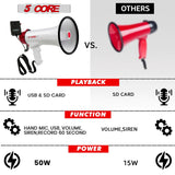 5 Core Megaphone 50W Bull Horn PA Speaker w 300M Range Loud Siren Voice Amplifier Portable