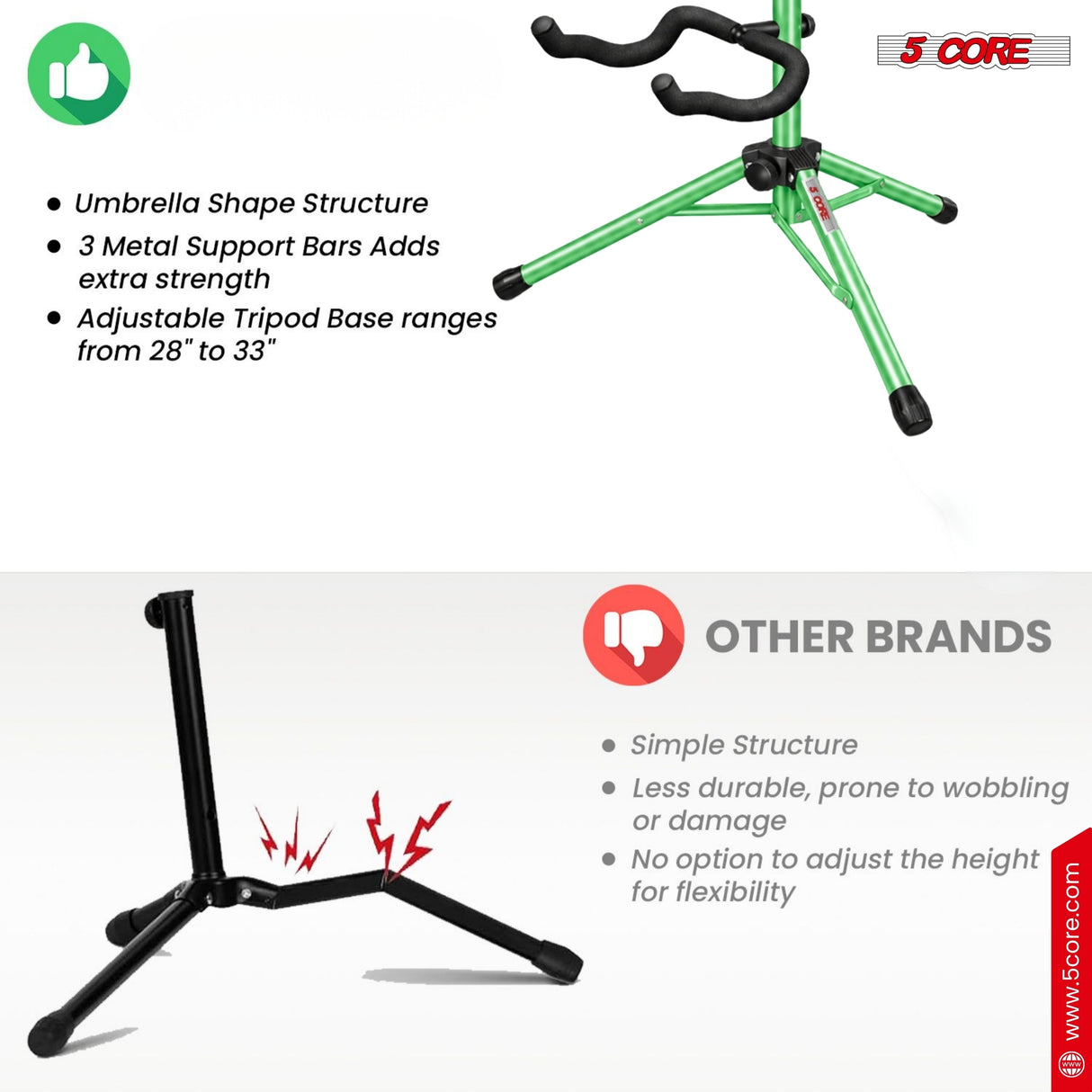 5 Core Guitar Stand Floor Adjustable Heavy Duty w Neck Holder for Acoustic Electric Classic Bass