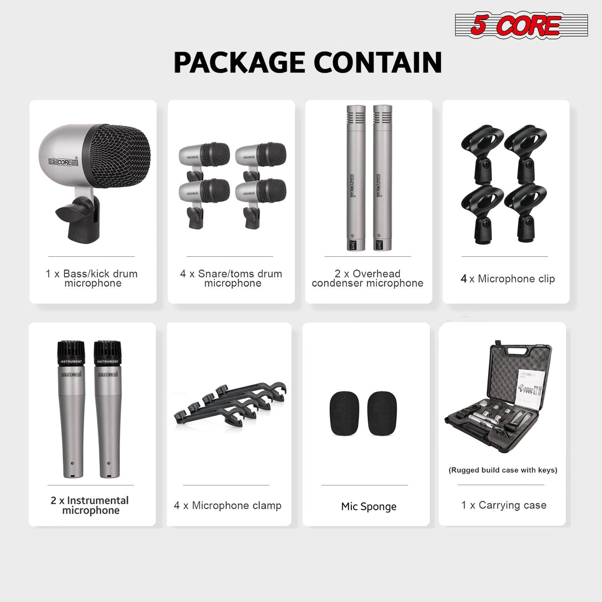 5 Core Drum Microphone Kit 9Pc All Metal Drummer Mics Tom/Snare & Cymbals Wired Instrument Drums Set