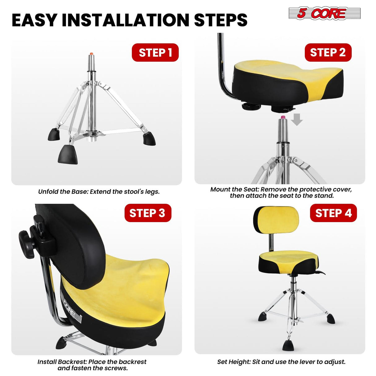 5 Core Drum Throne 4" Padded Seat w Backrest Airlift Adjustable Chair Ergonomic Drummer Stool