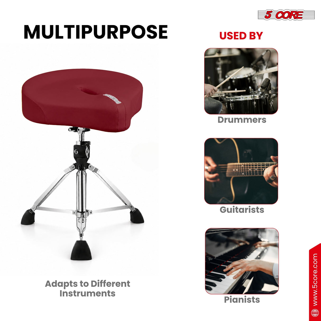 5 Core Drum Throne w 4.5" Padded Stool Adjustable Drummer Chair