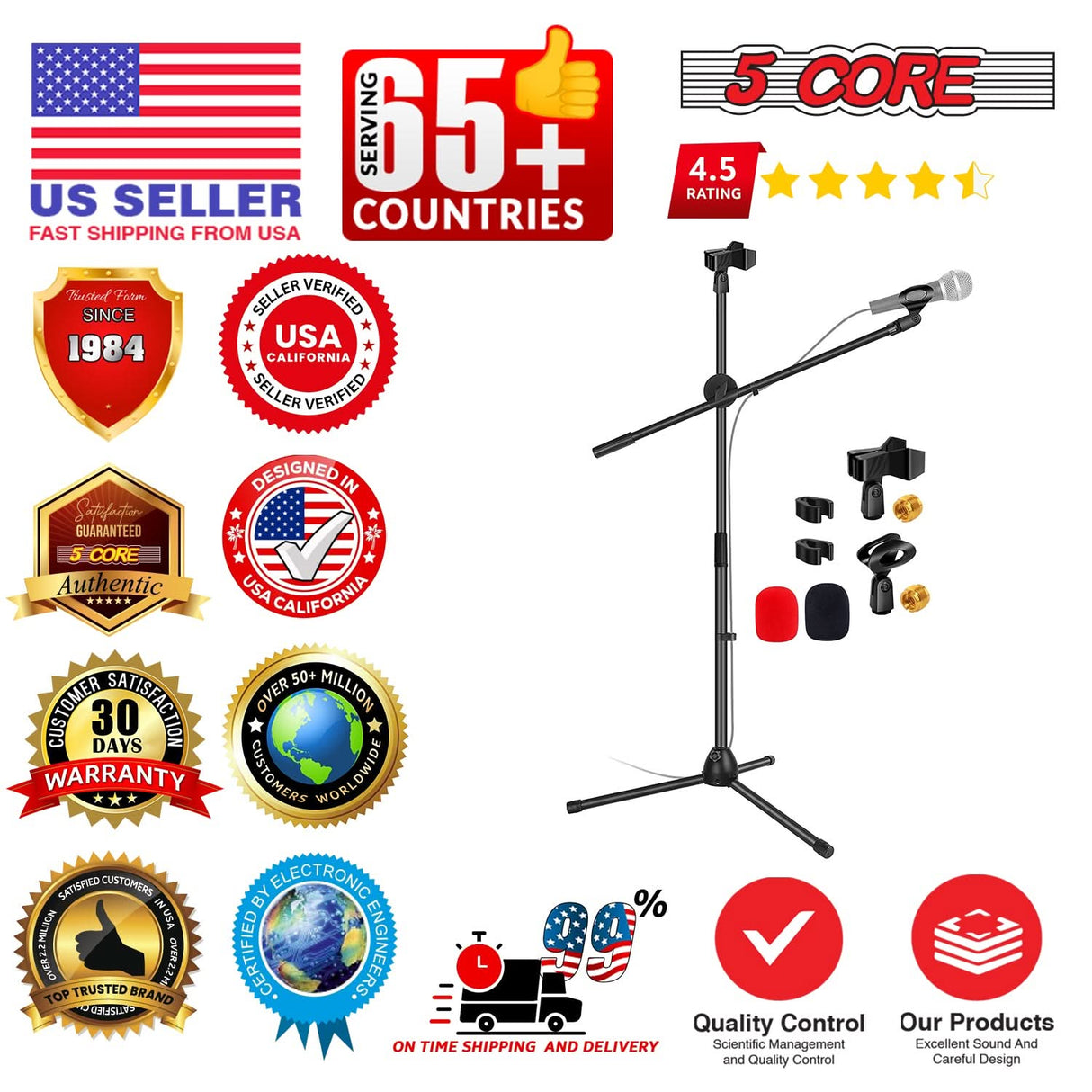 5 Core Mic Stand Floor Height Adjustable Tripod Microphone Stands w Extending Telescoping Boom Arm