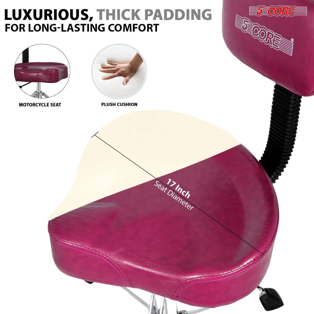 5 Core Drum Throne w Backrest 4" Padded Stool Adjustable 24.5" Drummer Chair w 441Lb Capacity