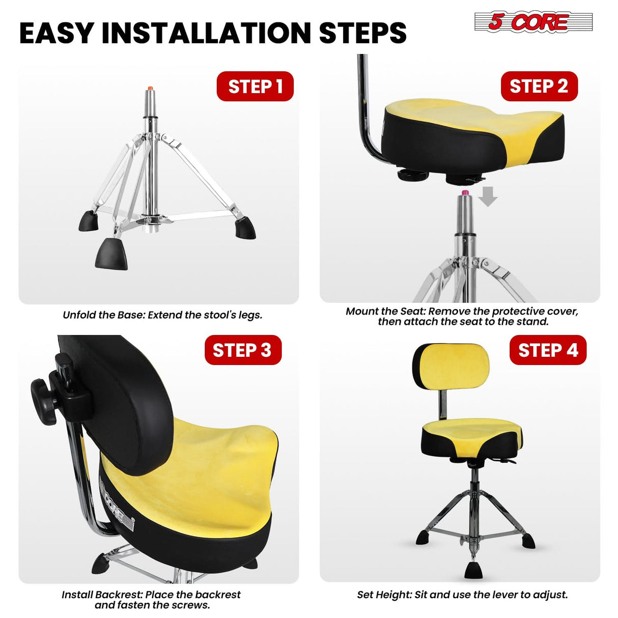5 Core Drum Throne w Backrest 4" Padded Stool Airlift 25" Adjustable Drummer Stool 441Lb Capacity
