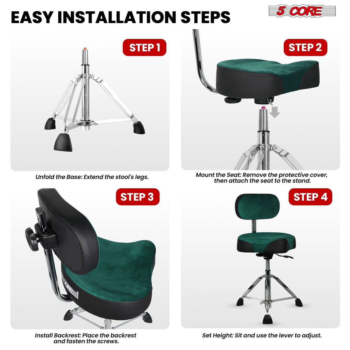 5 Core Drum Throne w Backrest 4" Padded Stool Airlift 25" Adjustable Drummer Stool 441Lb Capacity