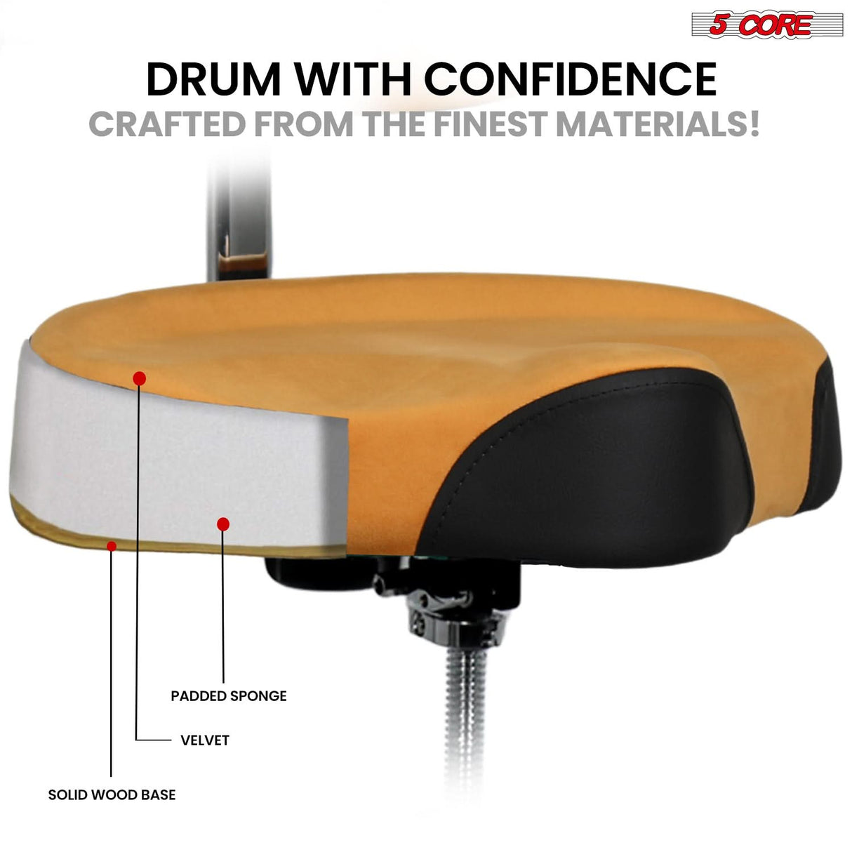 5 Core Drum Throne w Backrest 4" Padded Adjustable 26.5" Drummer Stool w Velvet Top 441Lb Capacity