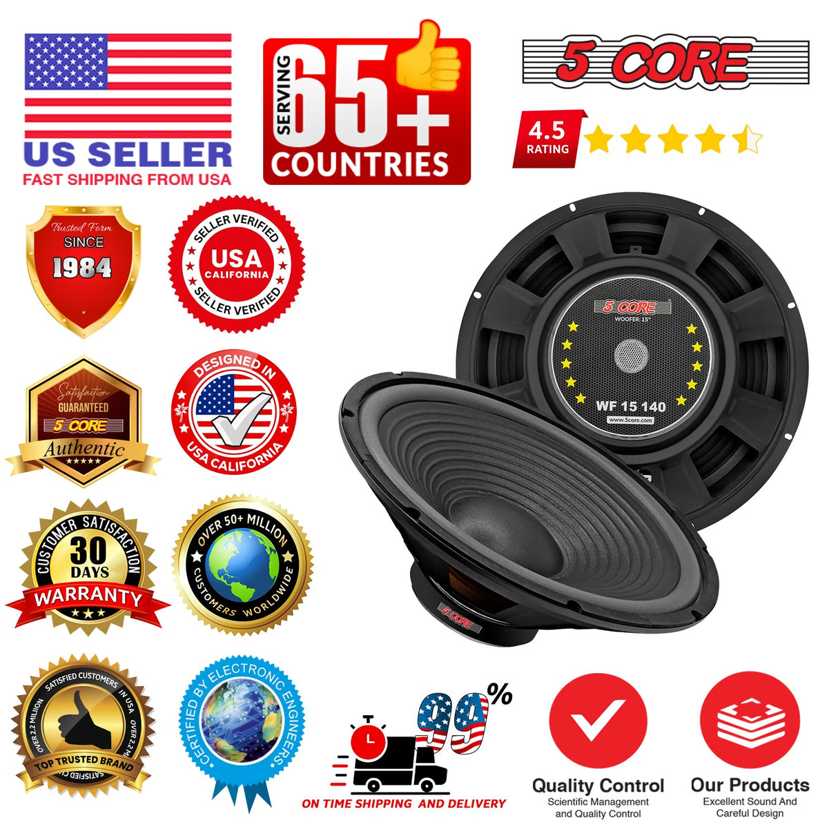 5 Core 15" Subwoofer Speaker Pair 450W MAX PA DJ Replacement Audio Sub Woofer 8Ohm Bass Driver