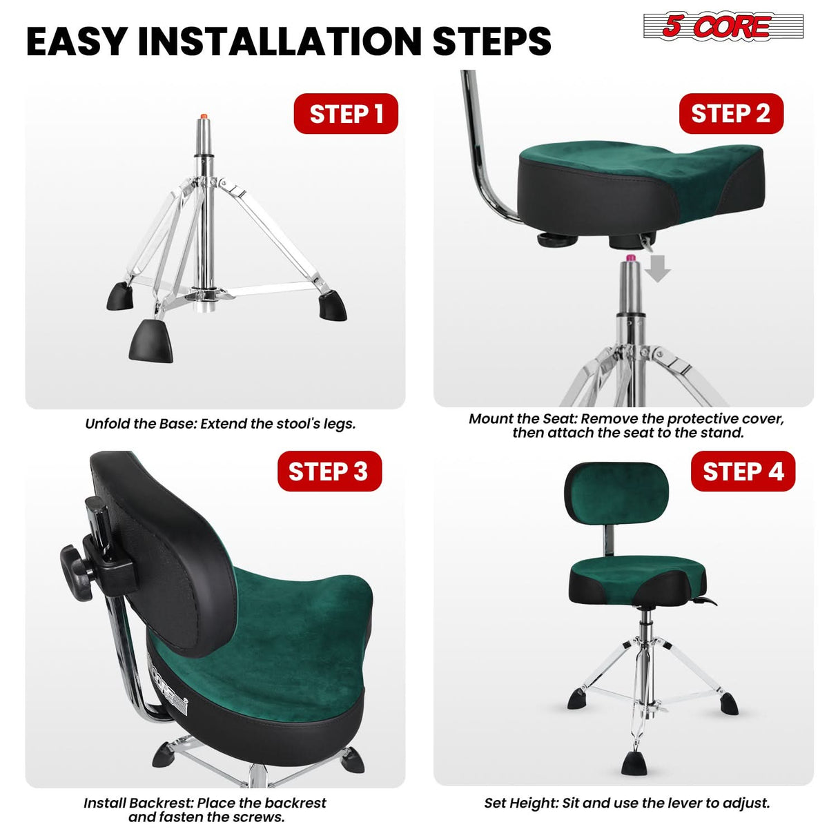 5 Core Drum Throne 4" Padded Seat w Backrest Airlift Adjustable Chair Ergonomic Drummer Stool