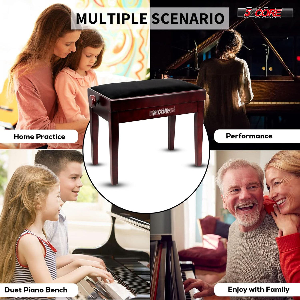 5 Core Adjustable Piano Bench Thick 3.25" Solid Wood Keyboard Stool Heavy Duty Musician Chair