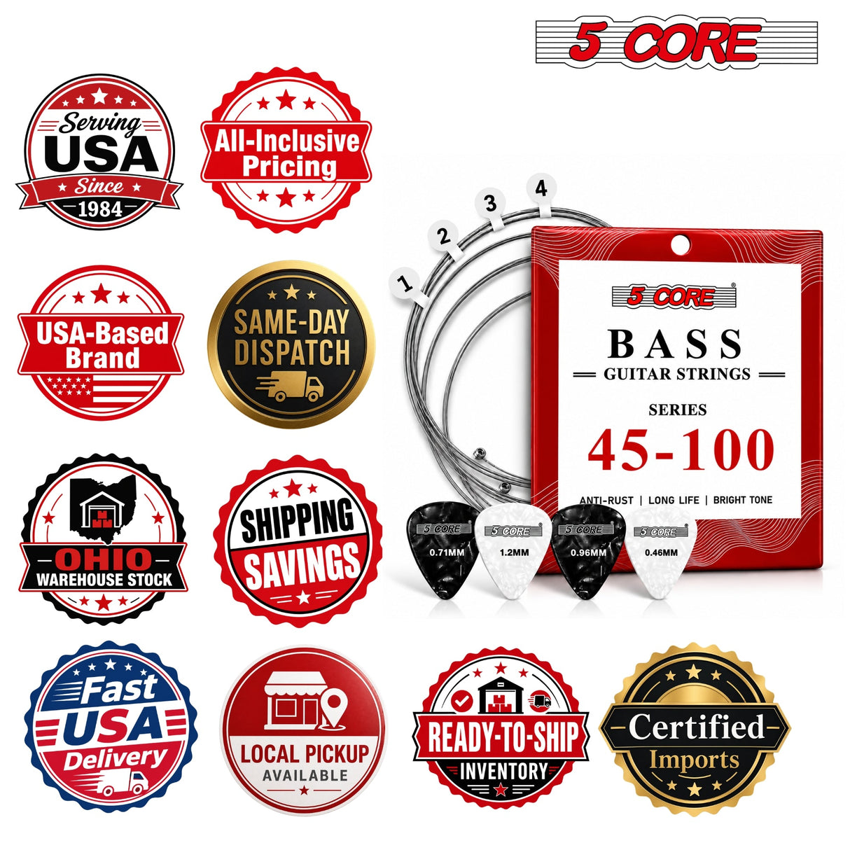 5 Core Bass Guitar Strings Brass Phosphor Bronze Light Gauge Bright Tone 4 String Set