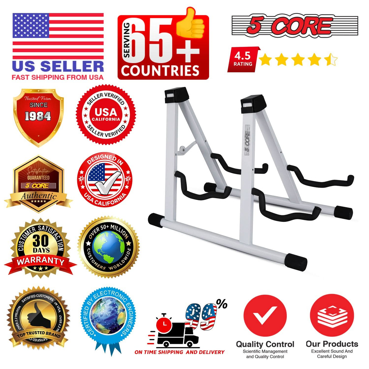 5 Core Double Guitar Stand A Frame Shape w Foam Arms Supports Acoustic Electric Bass Ukulele Banjo