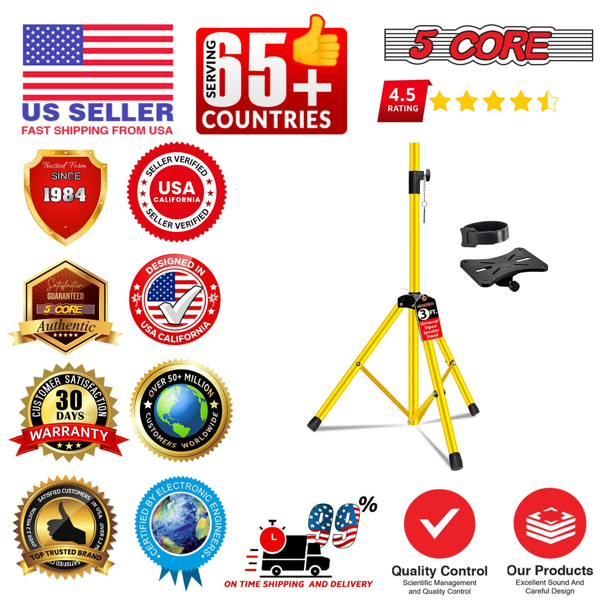 5 Core Speaker Stand Adjustable 31 to 36" PA DJ Tripod Stands Heavy Duty w 35mm Insert 132 Lbs